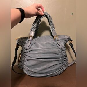 Bally Slate Blue Soft Leather Ruched Purse with Shoulder Strap